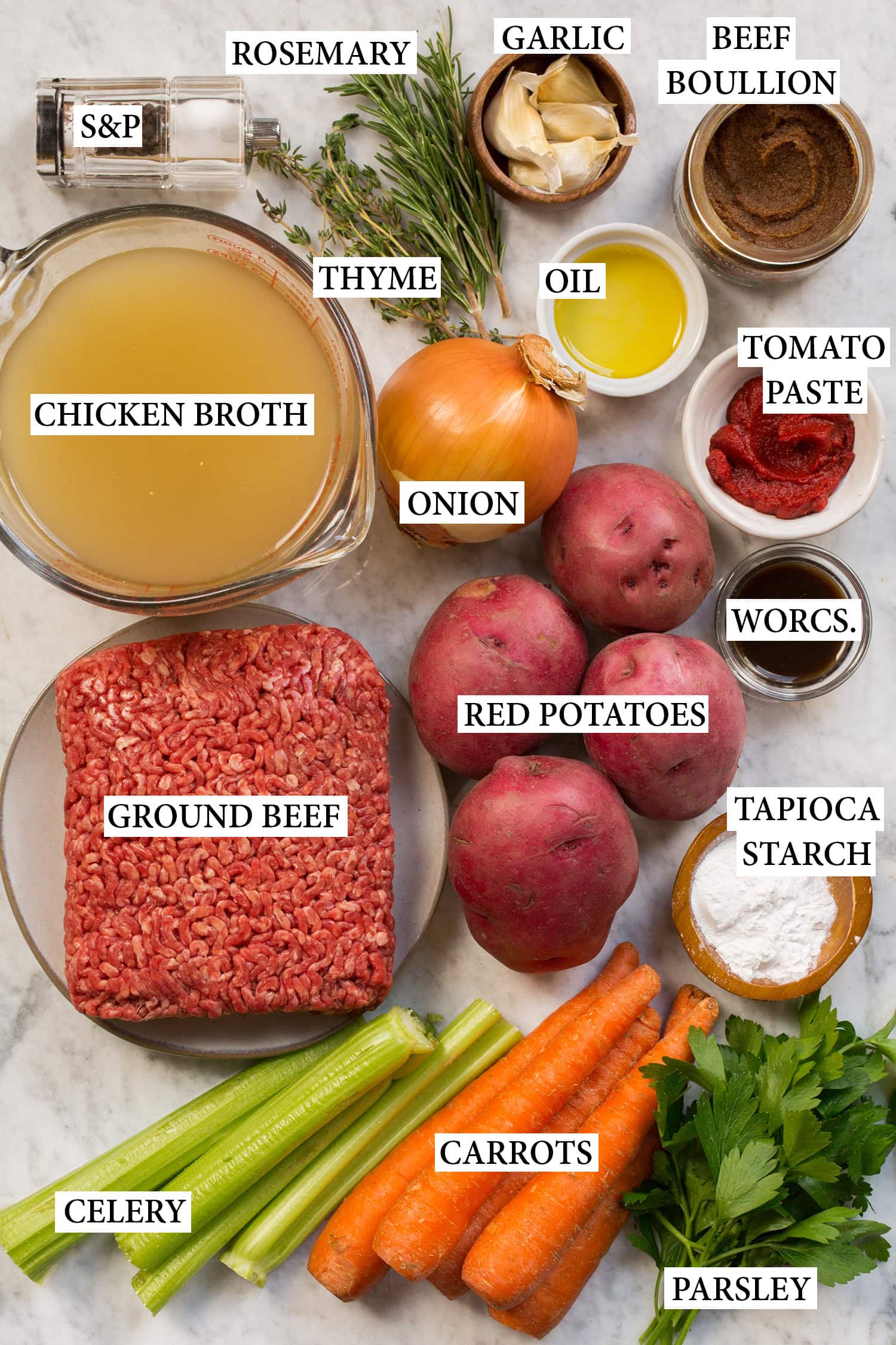Slow Cooker Ground Beef Stew Ingredients used to make ground beef stew.