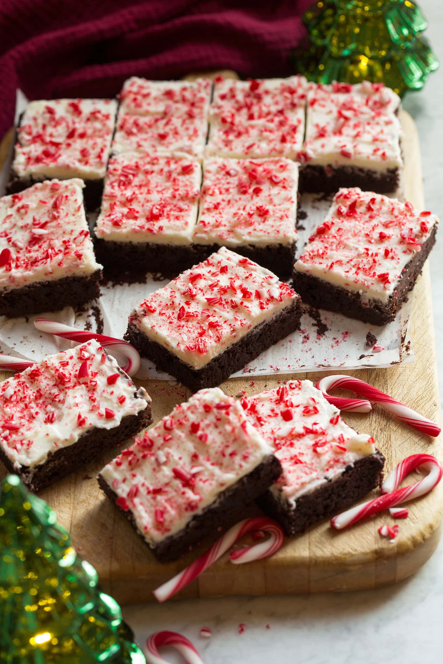 Batch of homemade peppermint brownies from scratch cut into bars.