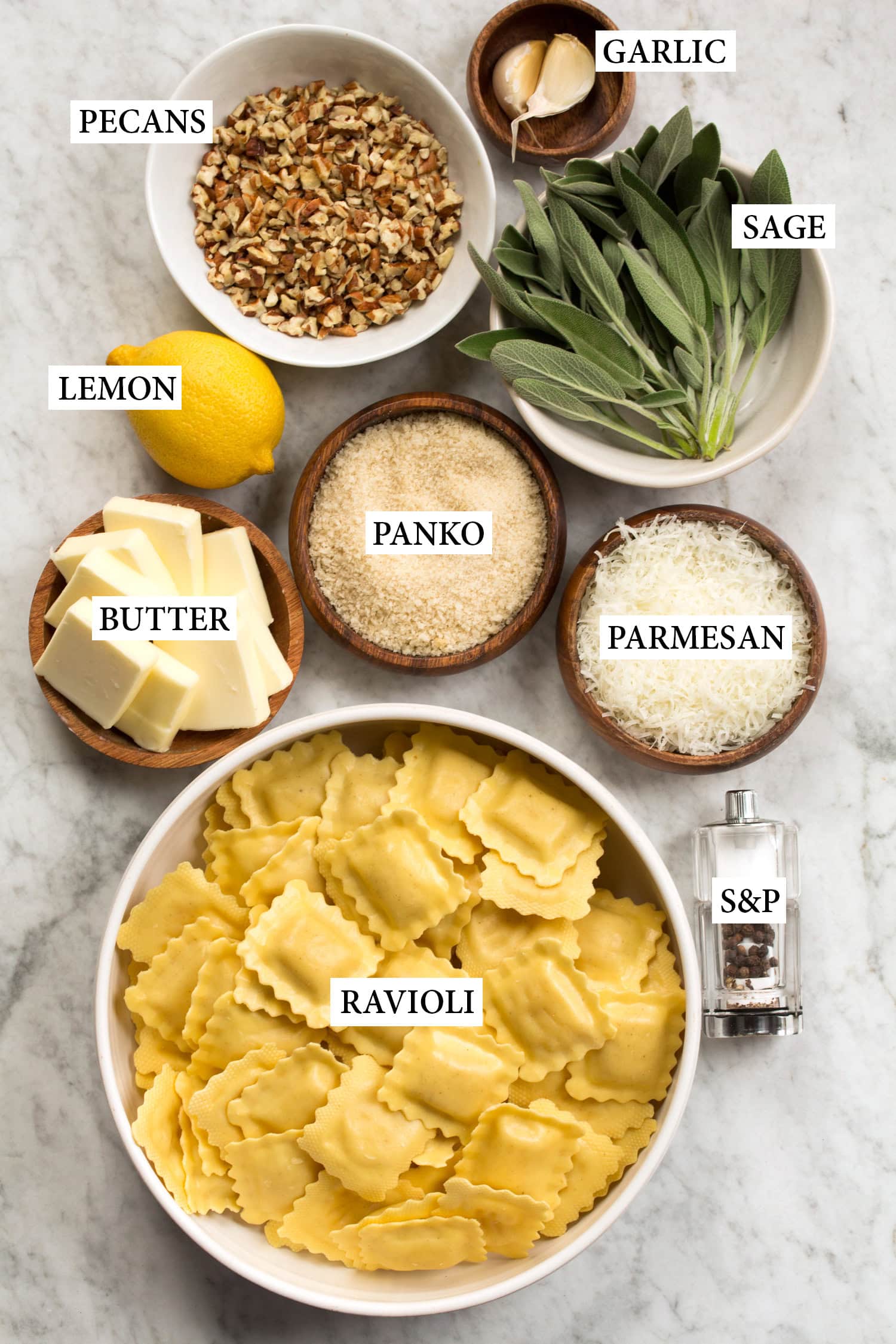 Ingredients used to make browned butter sage sauce for ravioli.