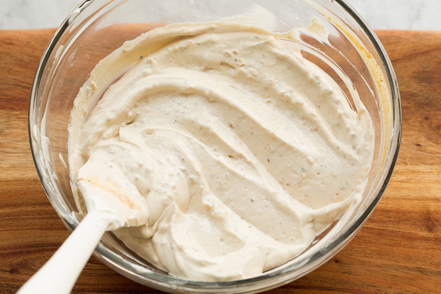 Dip shown after mixing all ingredients together with a spatula.