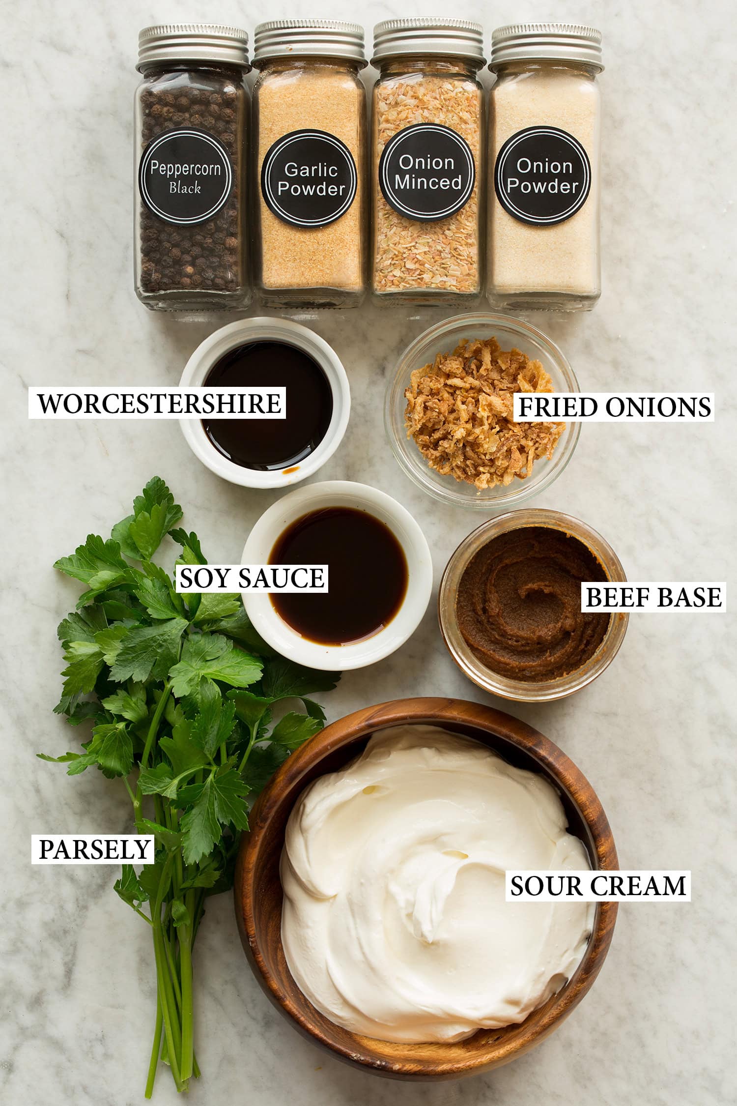 Ingredients used to make French onion dip.