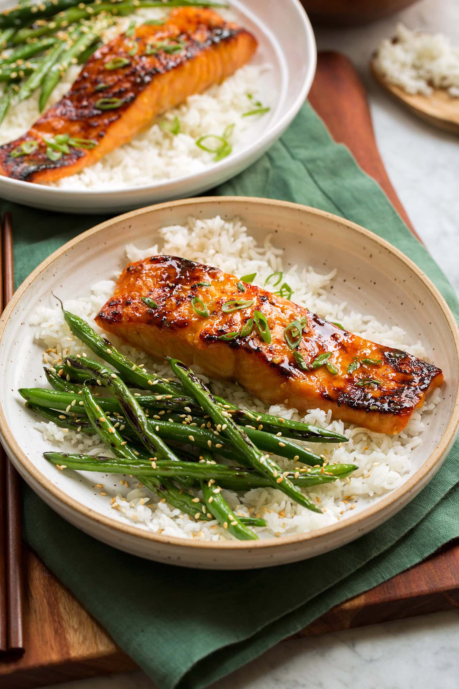 Miso salmon shown paired with sesame green beans and rice.
