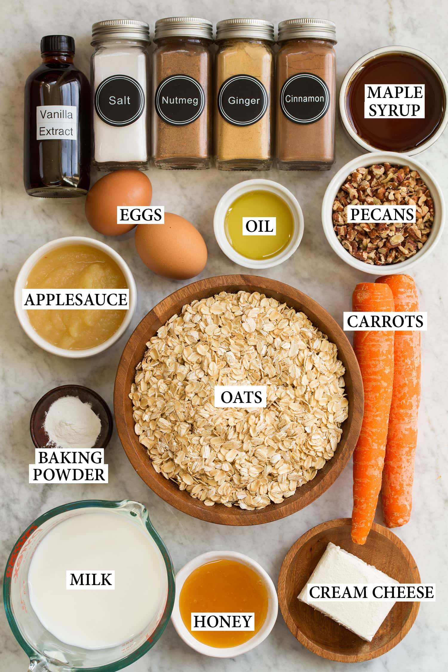 Ingredients used to make carrot cake baked oatmeal.