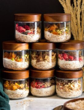 Homemade instant oatmeal in glass jars.