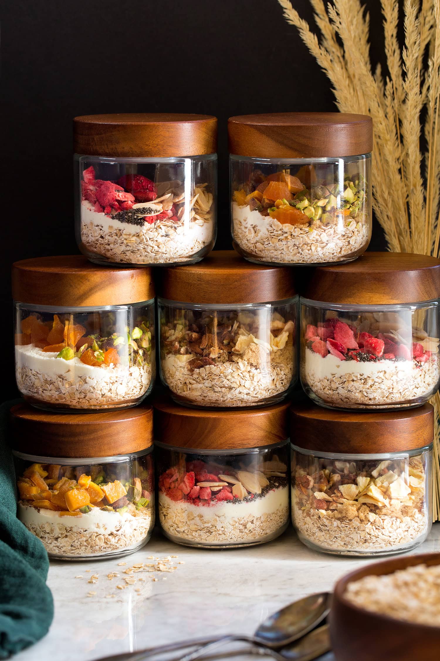Homemade instant oatmeal in glass jars.