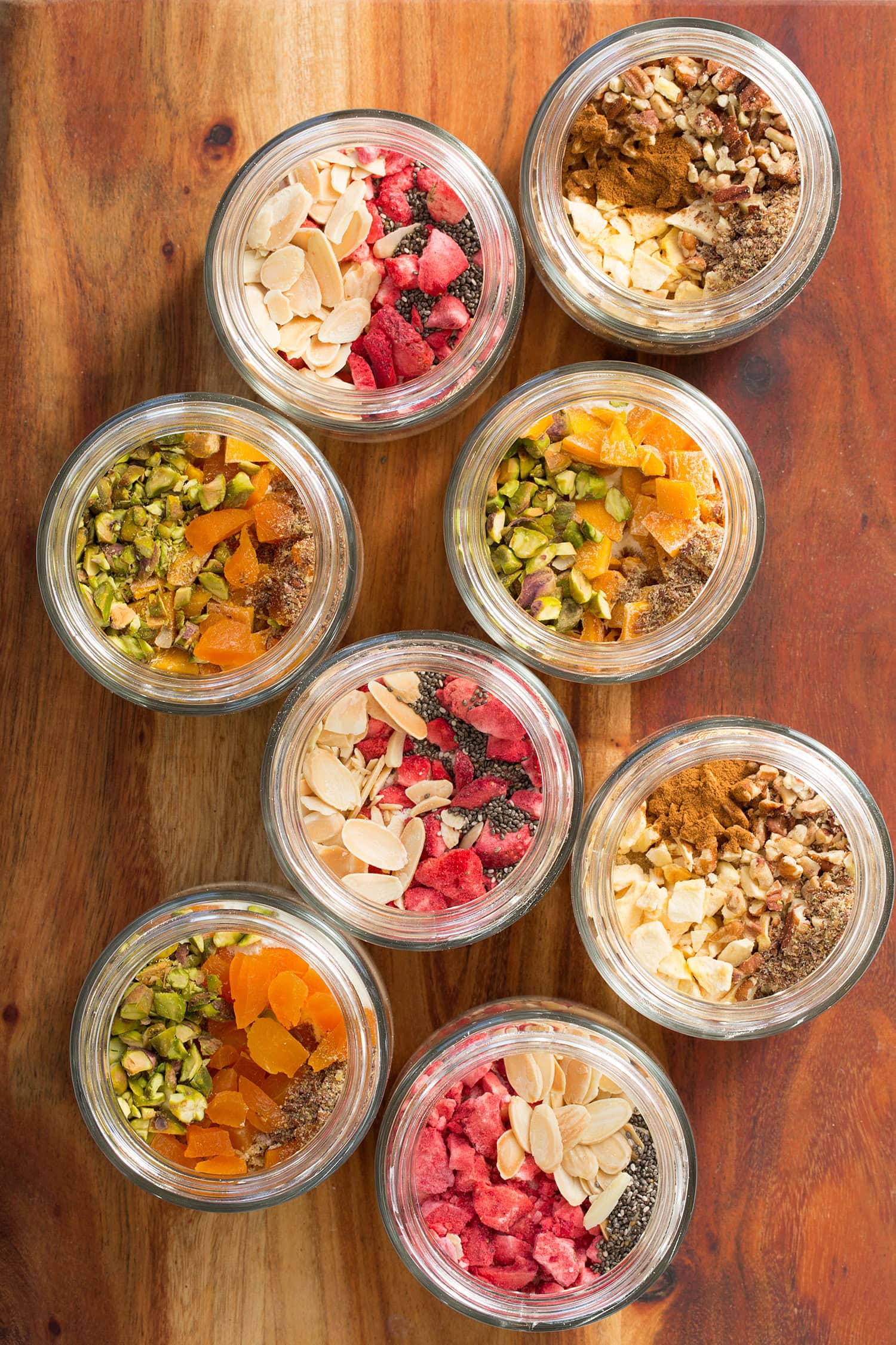 Dried fruit and nuts added as final layer to instant oatmeal jars.