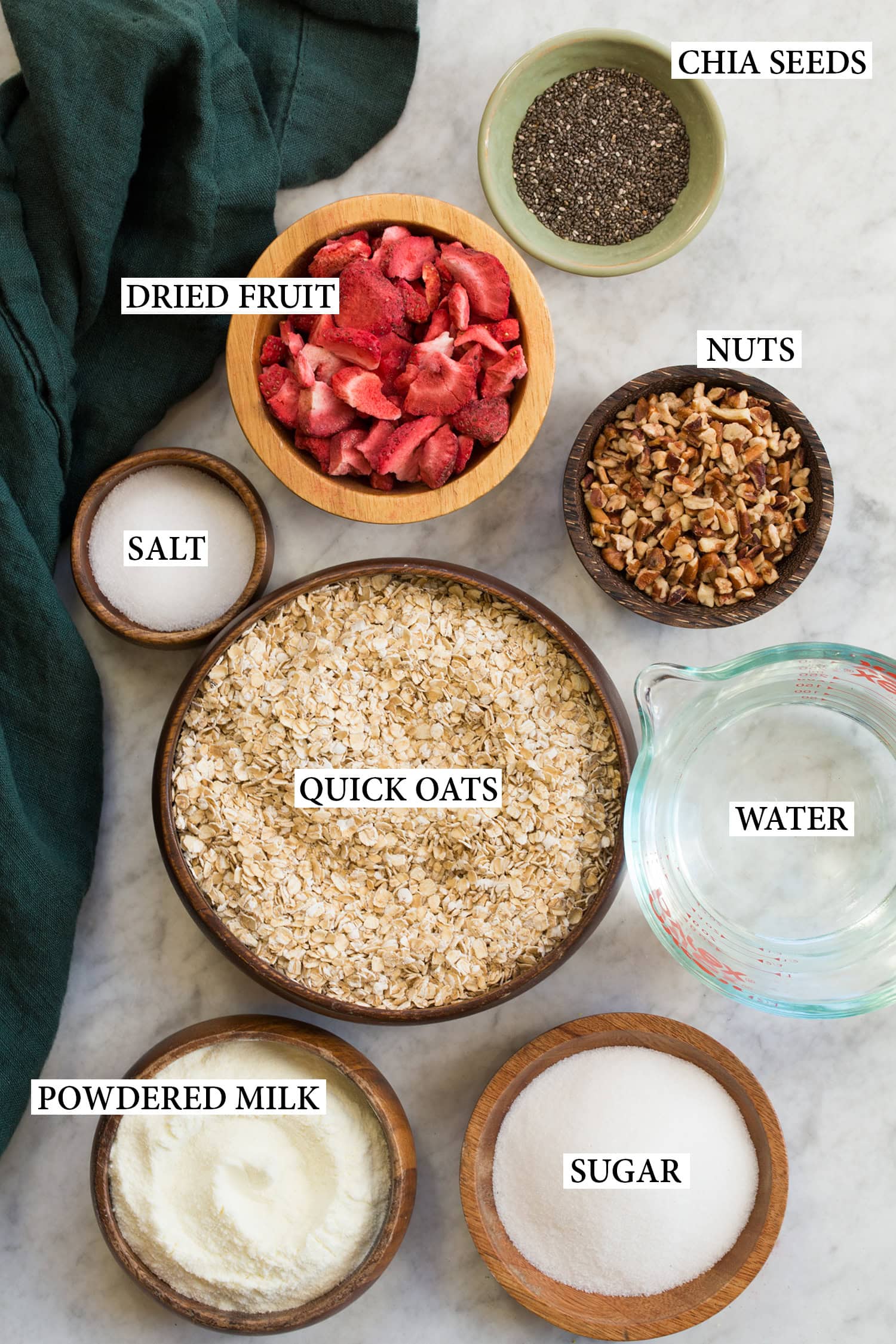 Ingredients used to make homemade instant oatmeal packets.