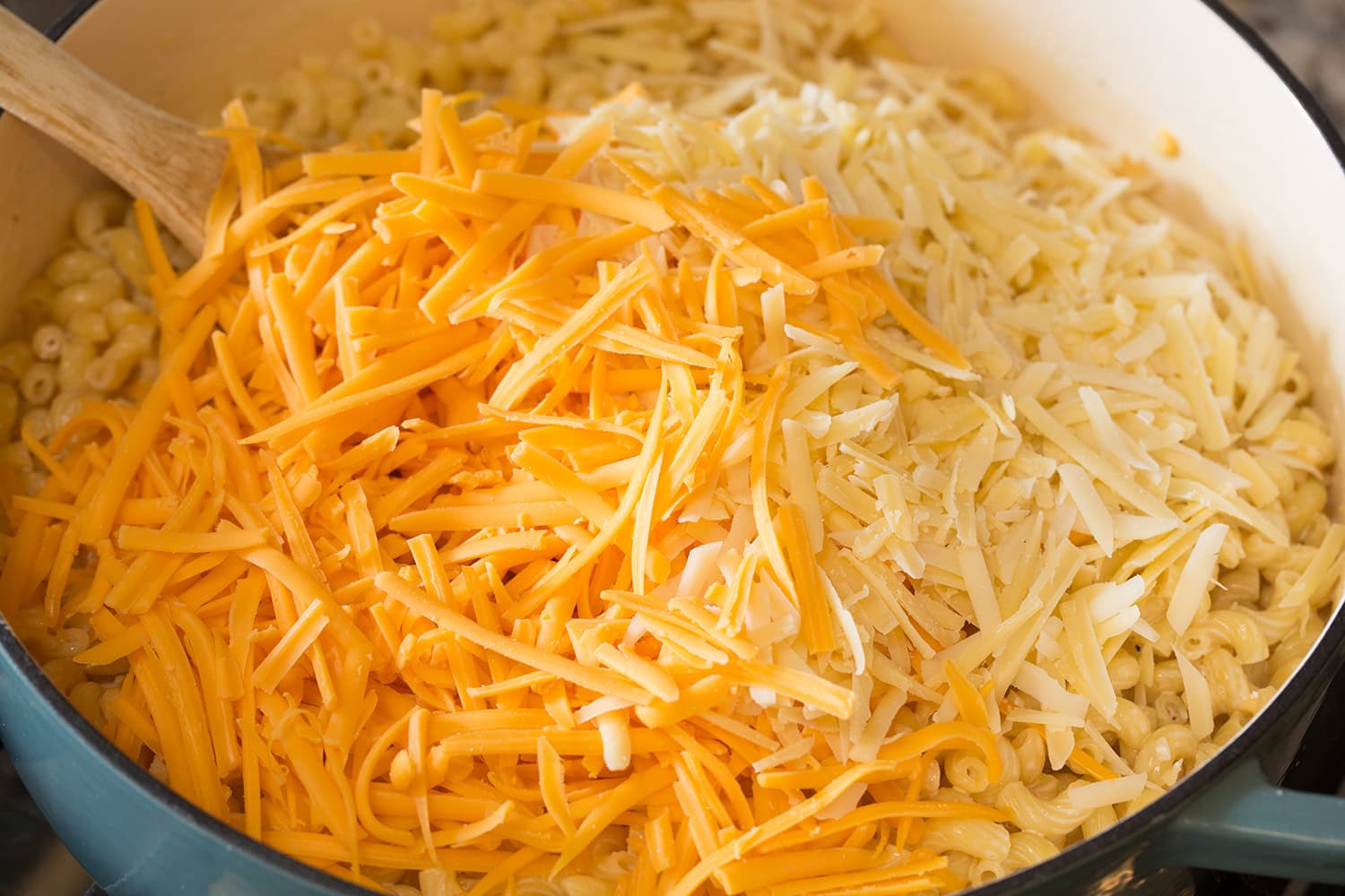 Extra sharp cheddar cheese and gruyere cheese added to macaroni.