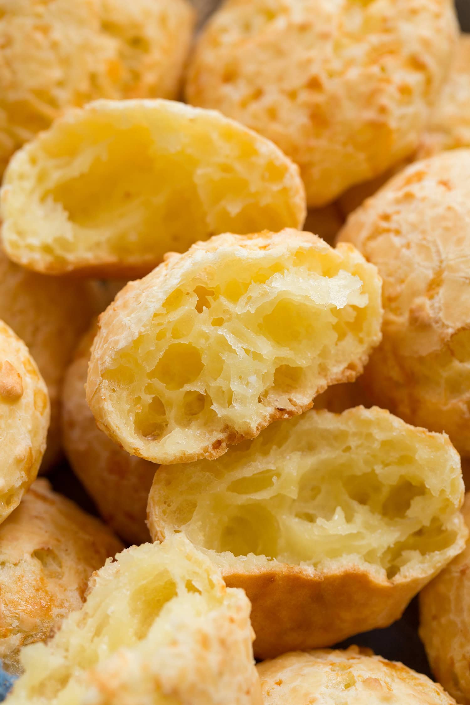 Brazilian Cheese Bread (Pão de Queijo) Close up photo showing interior texture of Brazilian cheese bread aka pao de queijo.