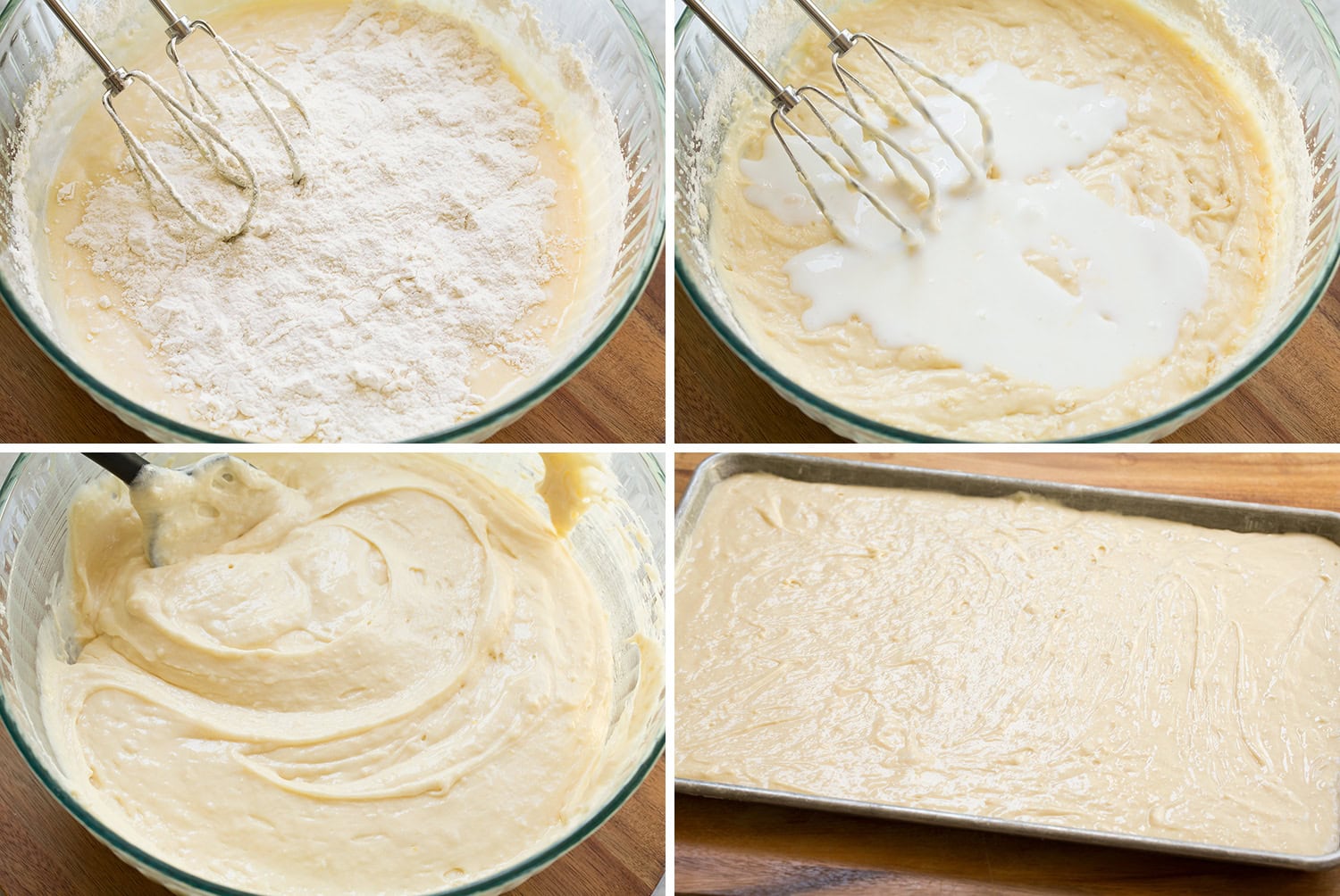 Next steps of making a vanilla cake batter in a glass mixing bowl and pouring in a baking sheet.
