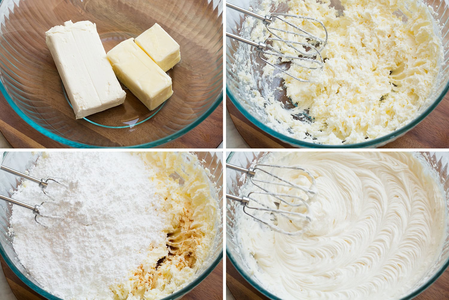 Four steps of making cream cheese frosting in a glass mixing bowl using an electric hand mixer.