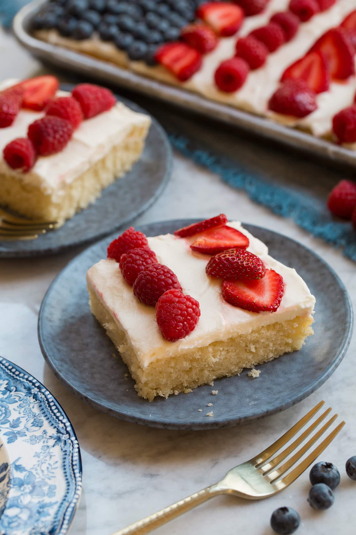 Slice of sheet pan flag cake.