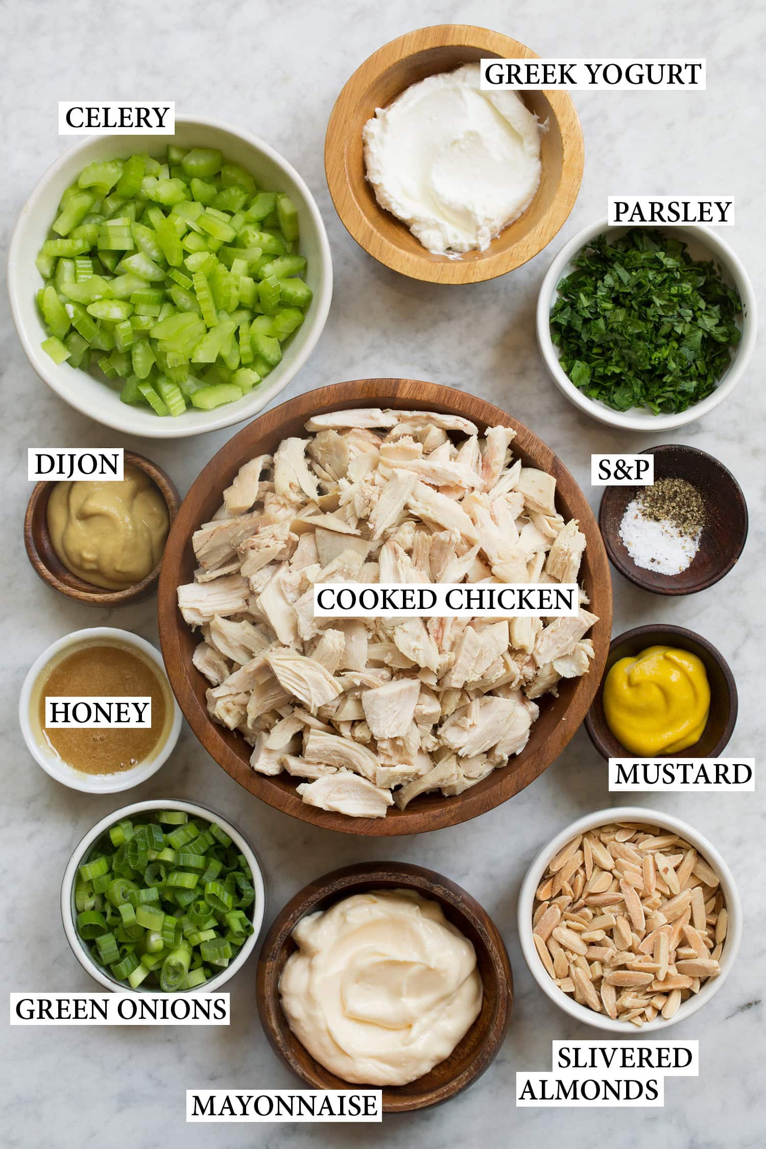Ingredients used to make a chicken salad with a creamy honey mustard sauce.