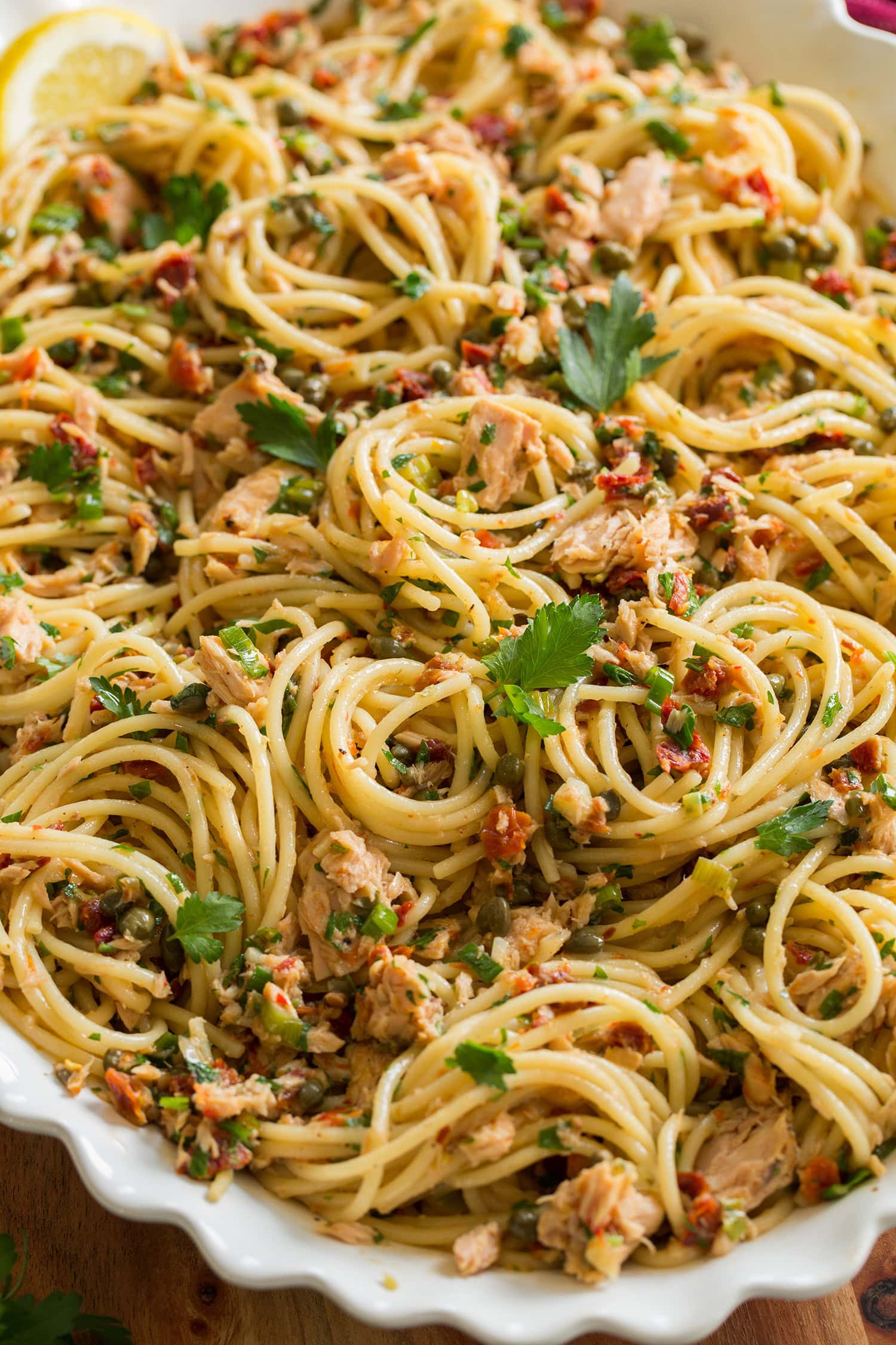 Close up photo of tuna pasta.
