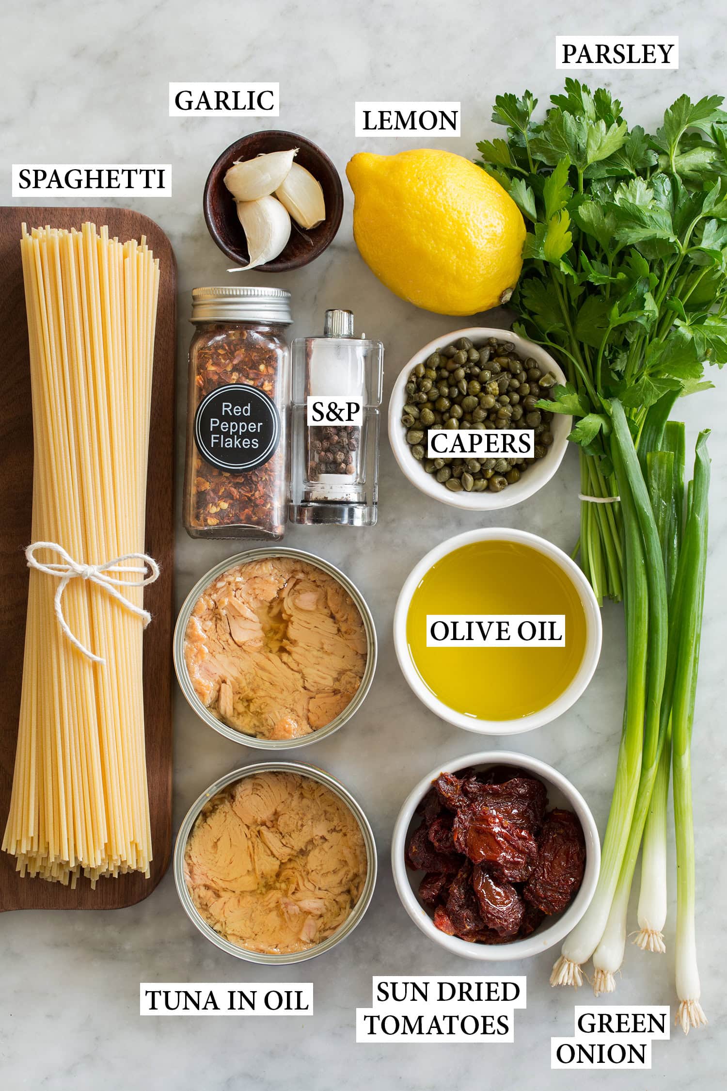 Tuna Pasta Ingredients used to make tuna pasta shown.