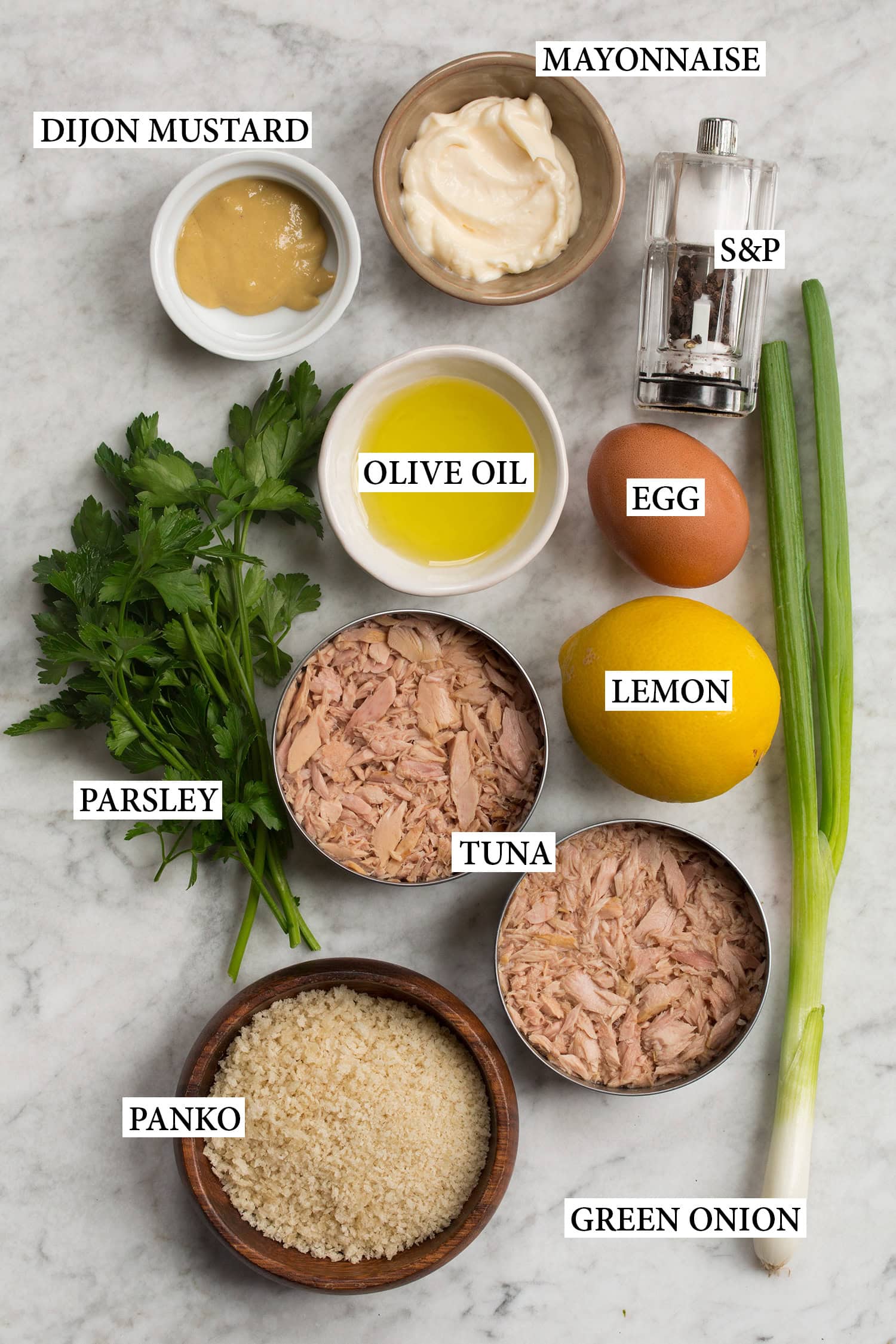 Ingredients used to make homemade tuna patties.