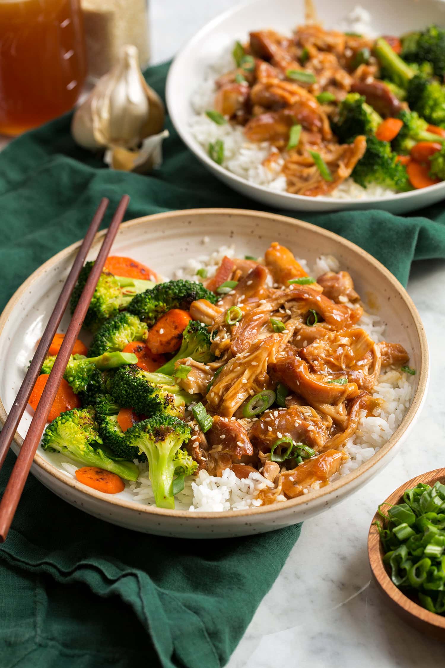 Two servings of plated honey garlic chicken.