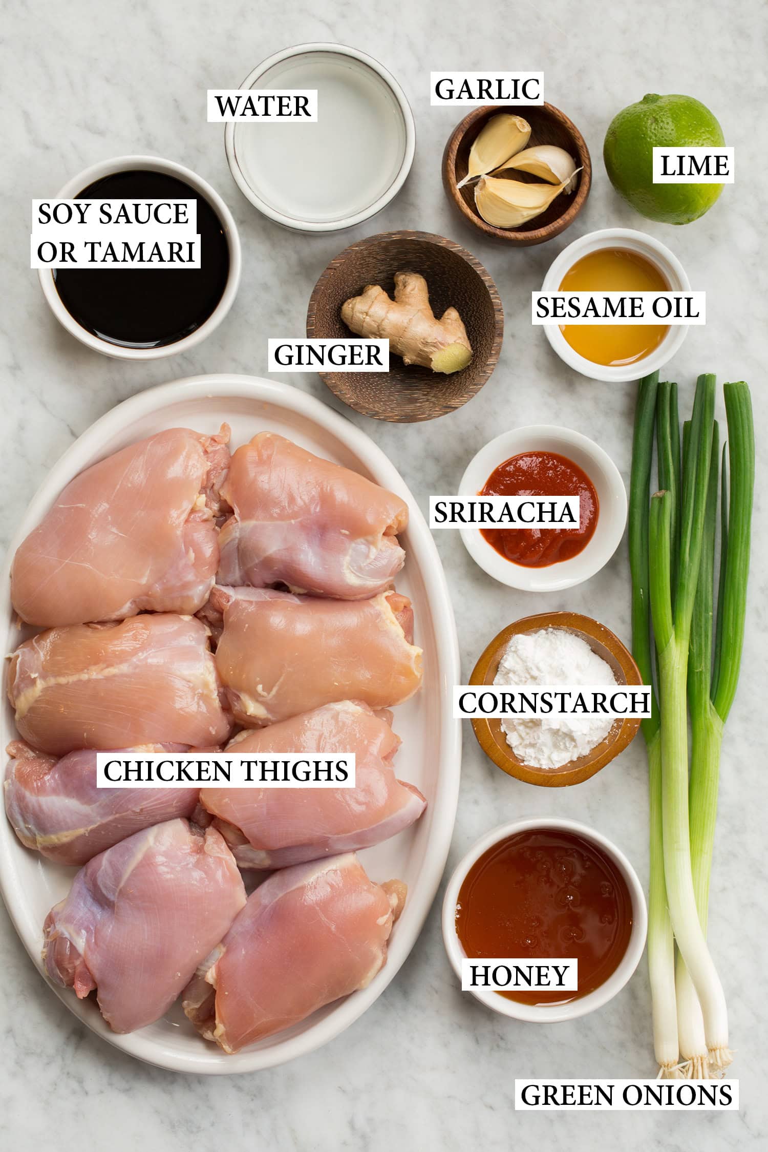 Ingredients used to make honey garlic chicken.